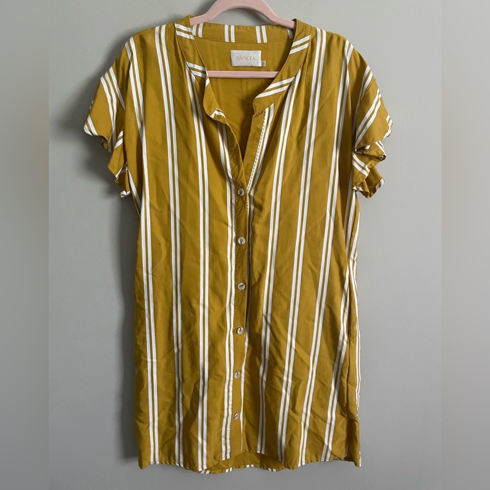 Anthropologie SANCIA Striped Mustard Flutter Sleeve Dress